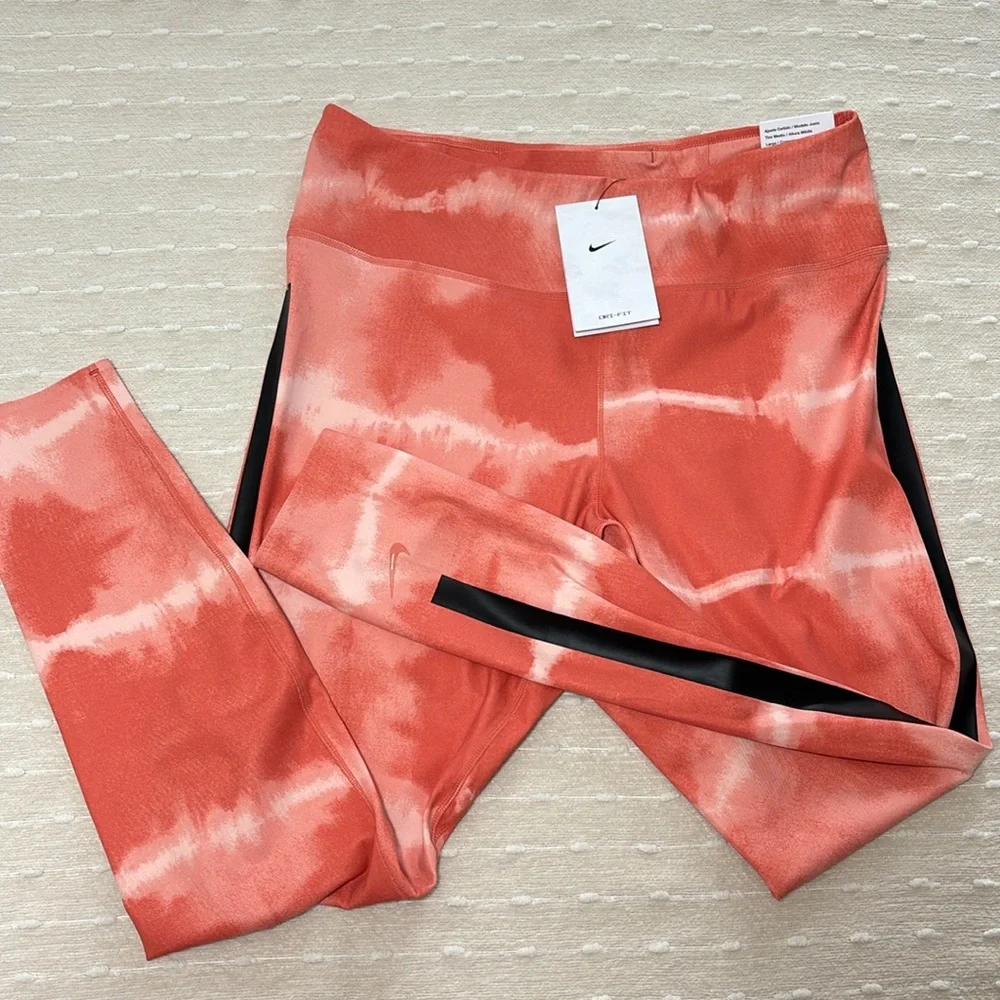 Nike Women's Dry-Fit Leggings-Madder Root&Clear Tie-Dye One Luxe Mid-Rise Size L